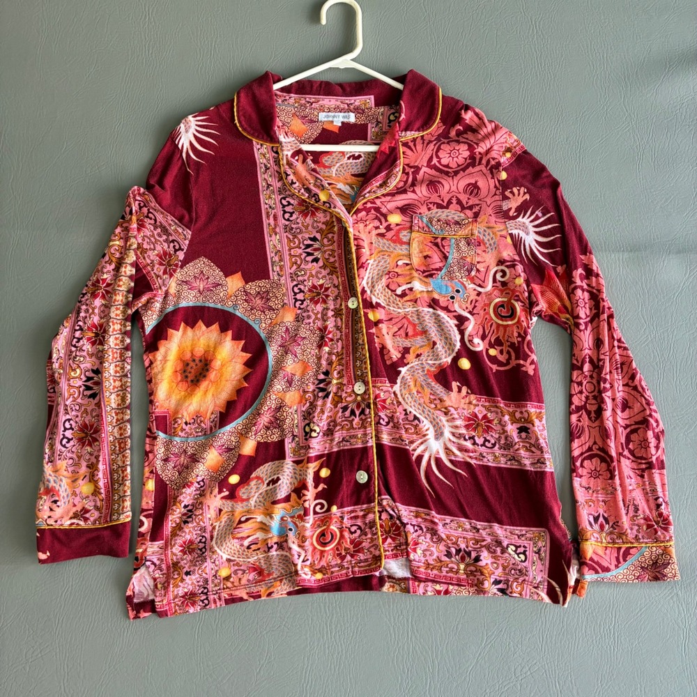 Johnny Was Red Dragon Floral Sleep Lounge Blouse Mother of Pearl Buttons Large